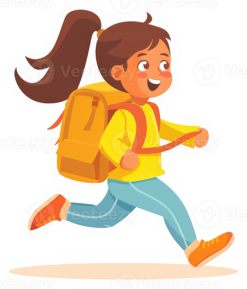 A cheerful girl with a backpack running to school. png