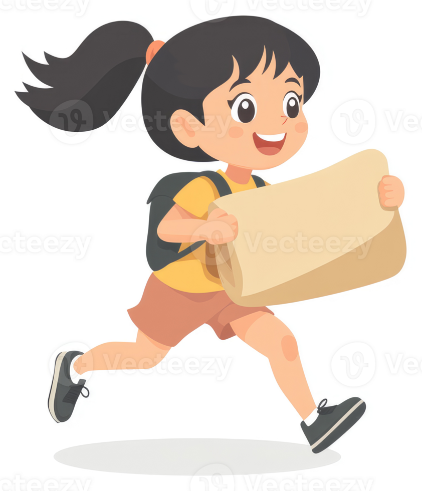 A young girl carrying a large item while running. png