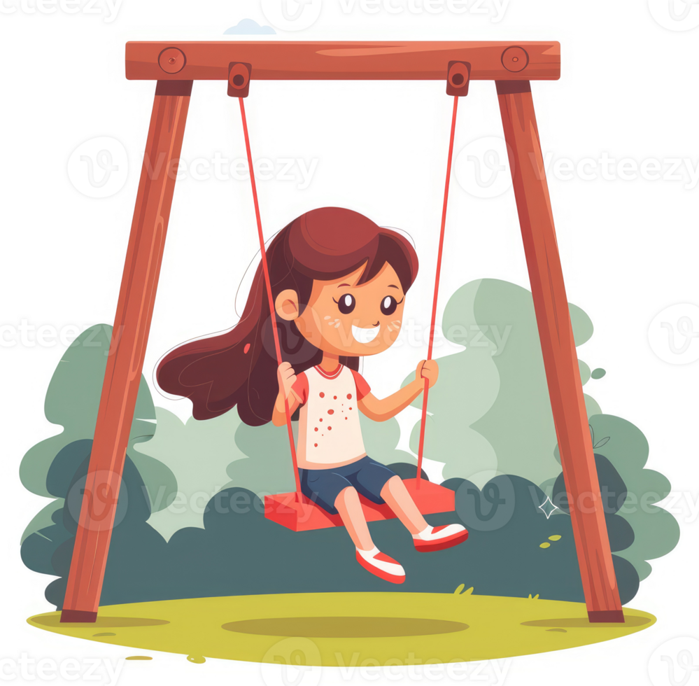 A cheerful girl enjoys a swing in a park setting. png