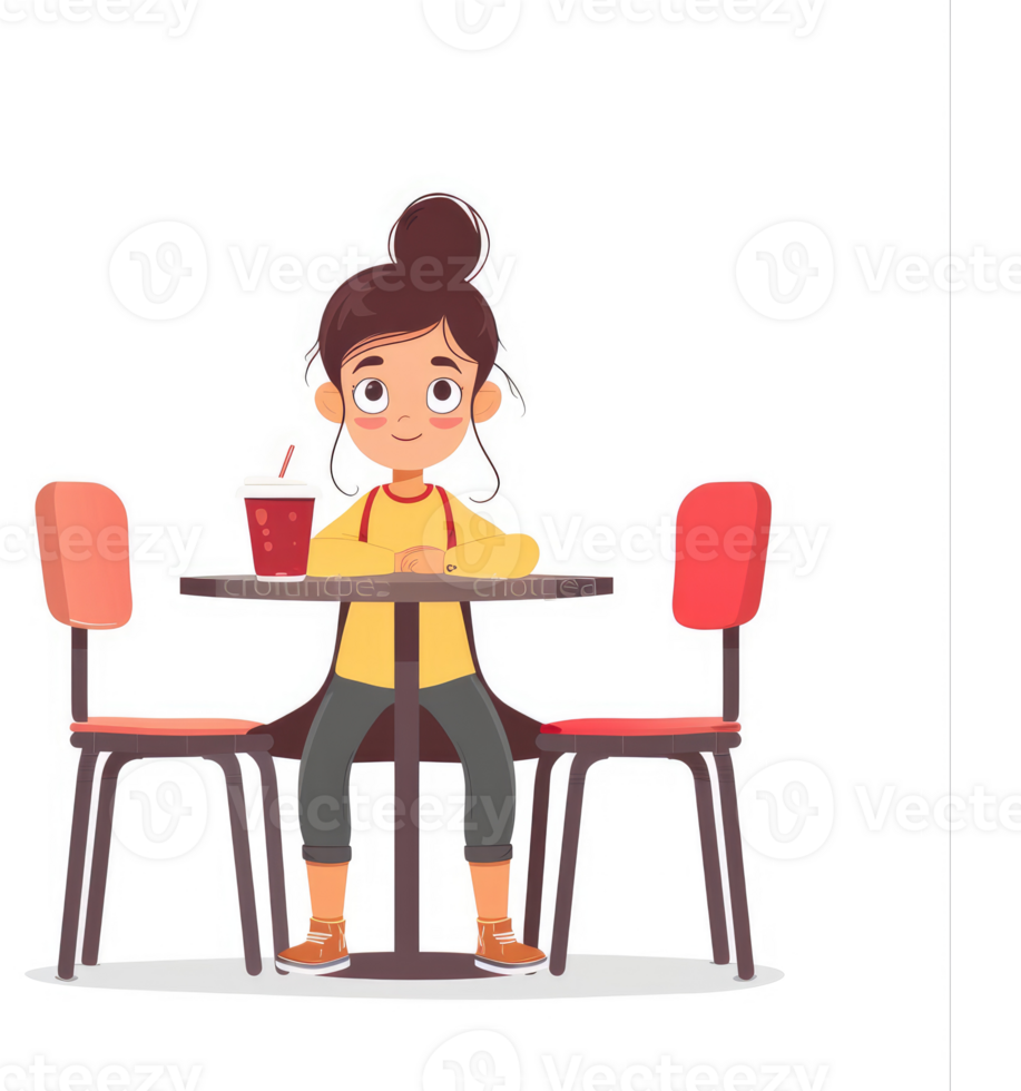 A young girl sits at a cafe table with a drink. png