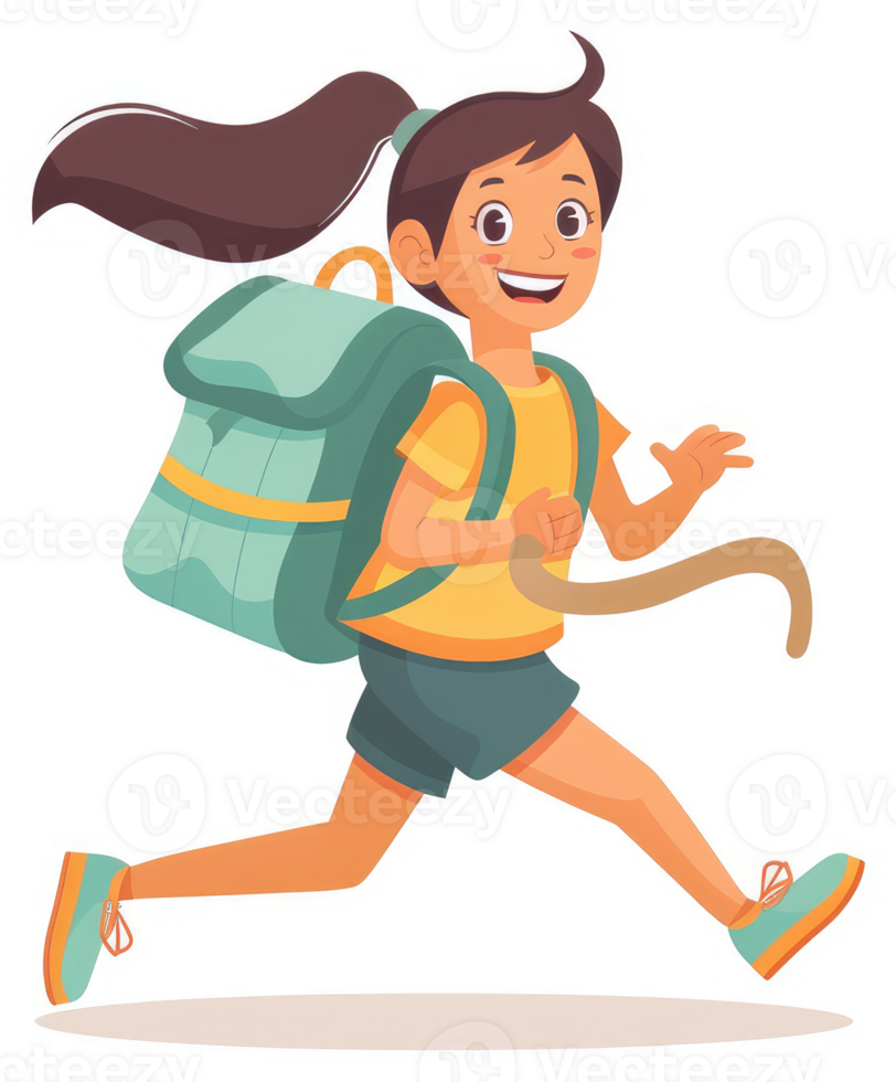 A cheerful girl with a backpack runs with enthusiasm. png