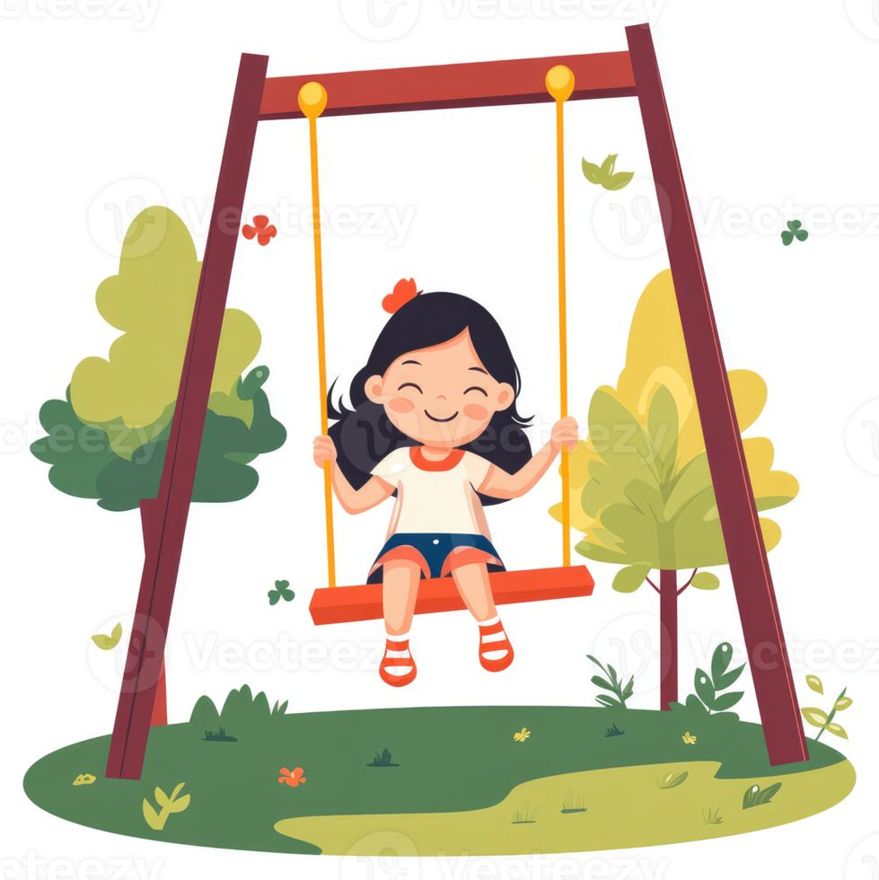 A happy girl enjoys a swing on a sunny day in a park. png