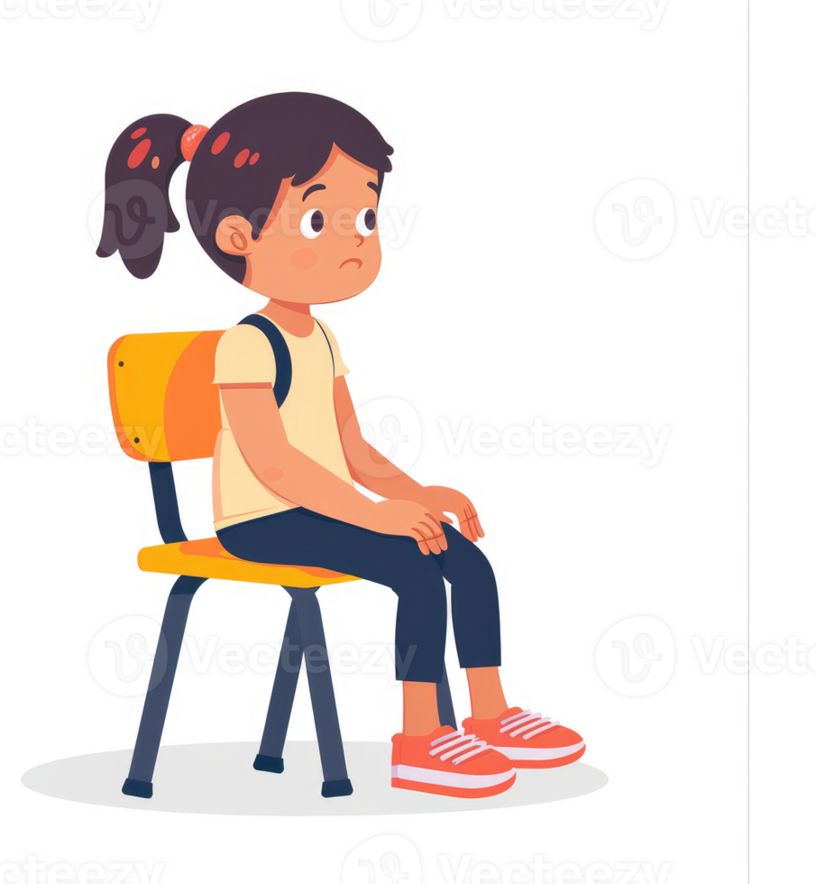 A young girl sits thoughtfully in a school chair. png