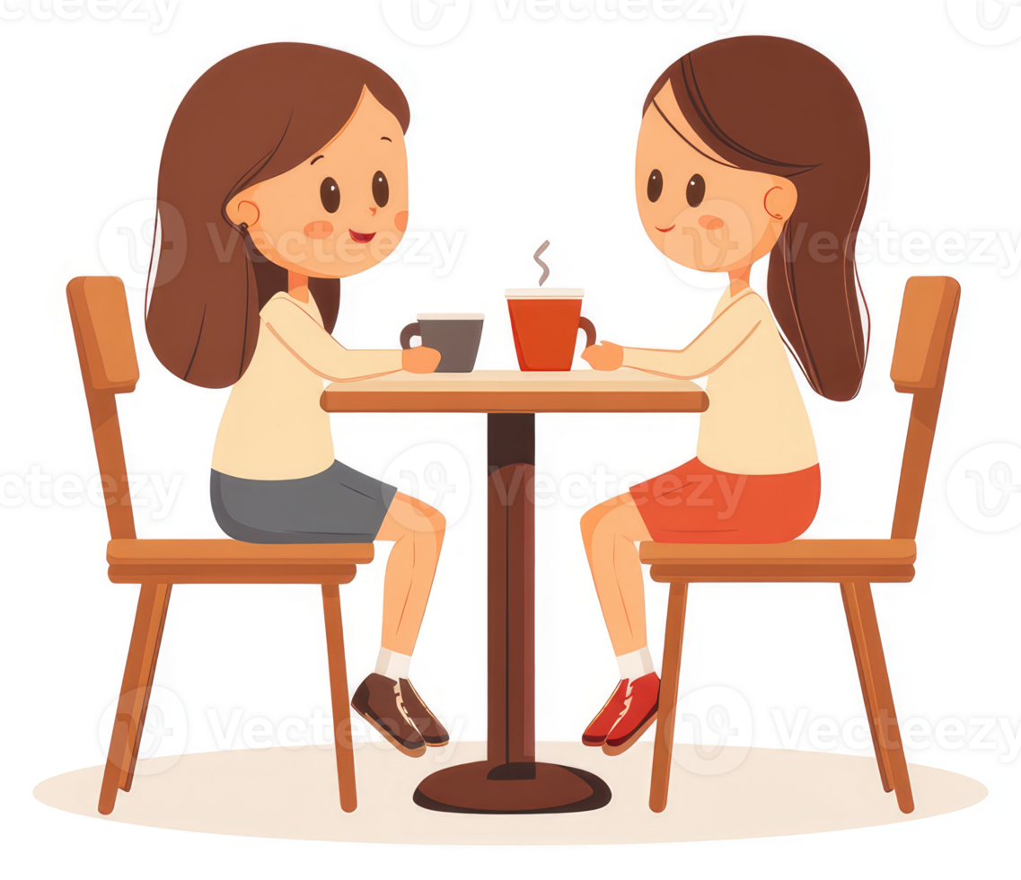 Two young women having coffee at a cafe. png