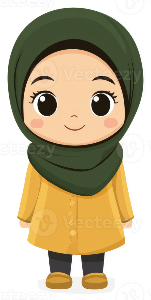 A cheerful cartoon girl in a hijab and yellow coat. png