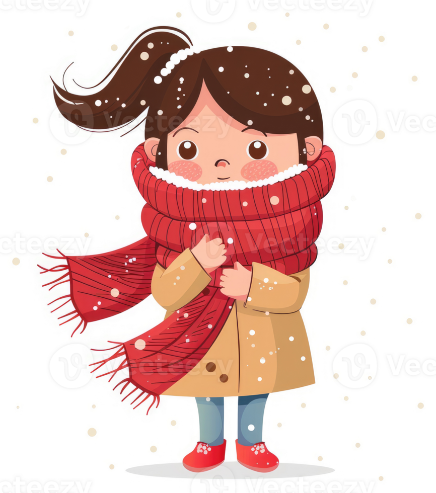 A charming girl bundled in winter attire during a snowy day. png