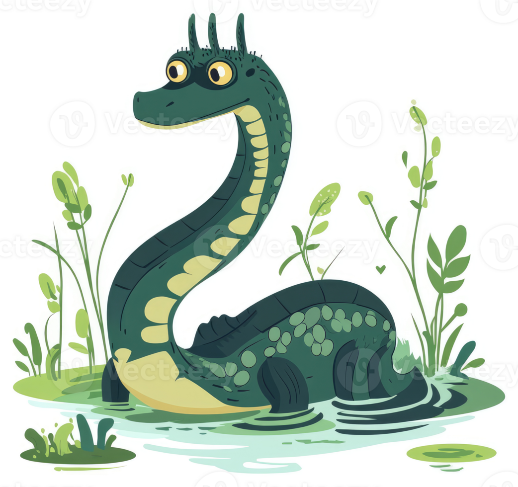 A cartoon illustration of a plesiosaur in a swampy environment. png