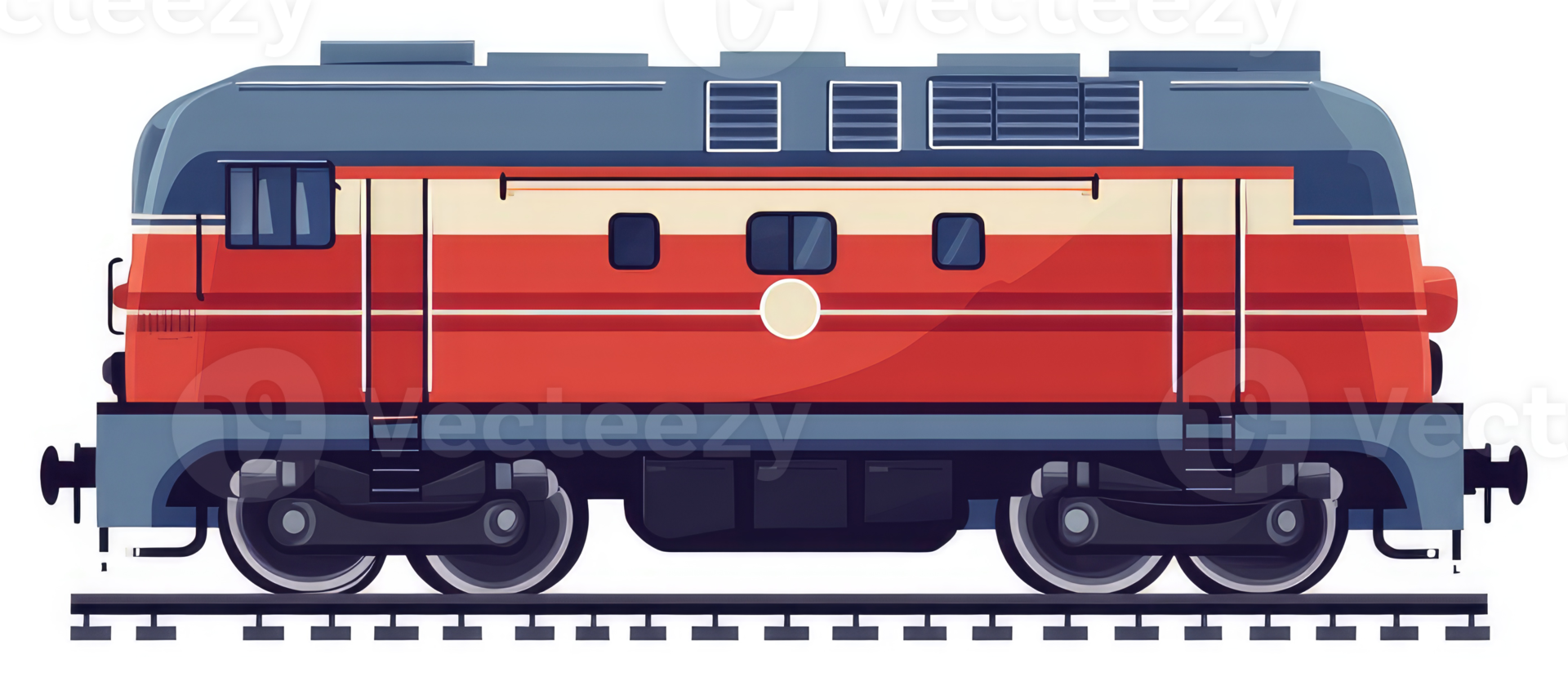 A vintage red and gray diesel locomotive on railway tracks. png