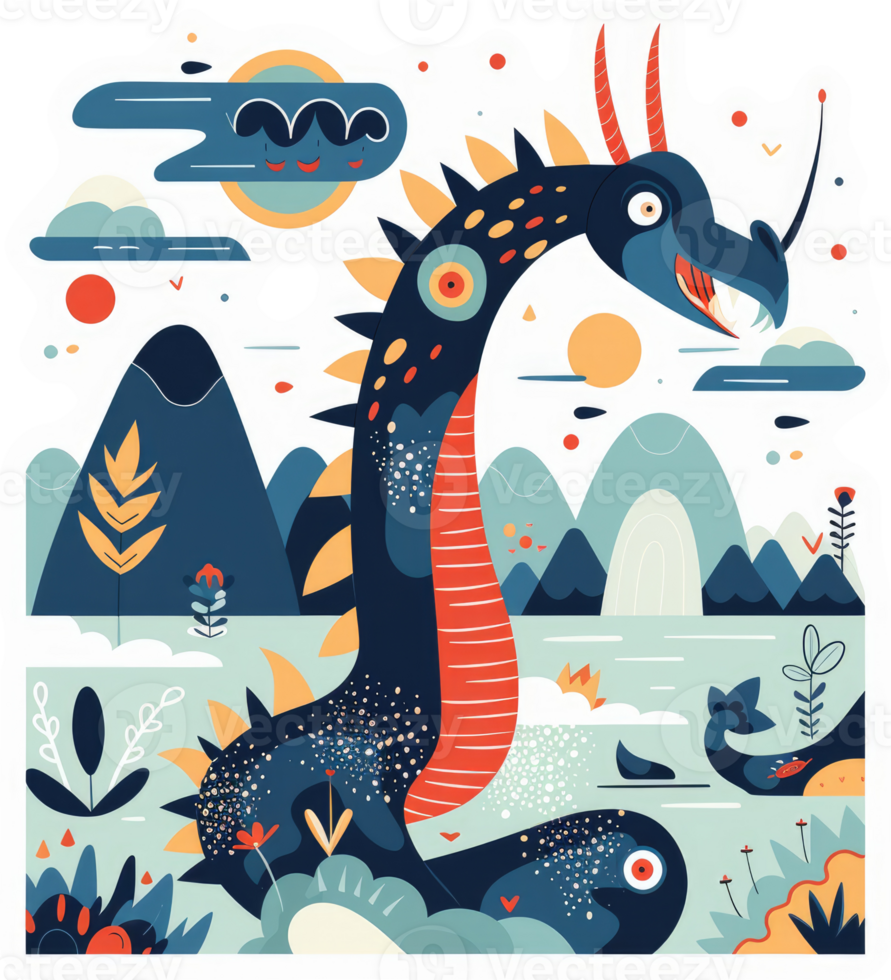 A whimsical dragon with colorful scales, horns, and a fantastical landscape. png