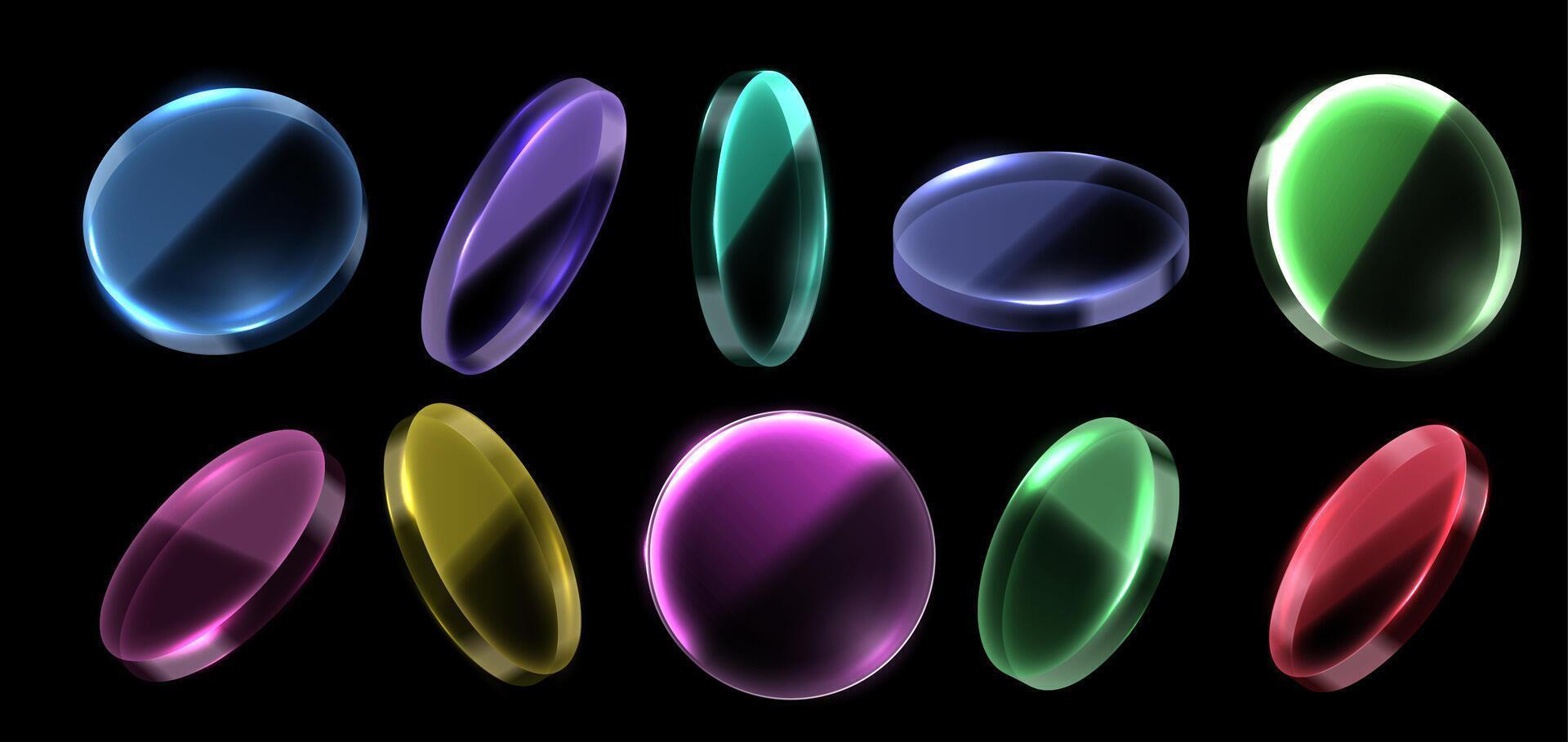 Color glass discs. Tinted lens, colorful transparent circle and toned glass plate. Optical elements with transparency and light refraction effect 3D isolated set vector