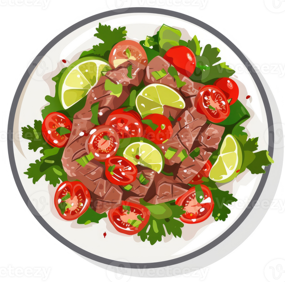 A vibrant plate of grilled beef salad with lime and cherry tomatoes. png