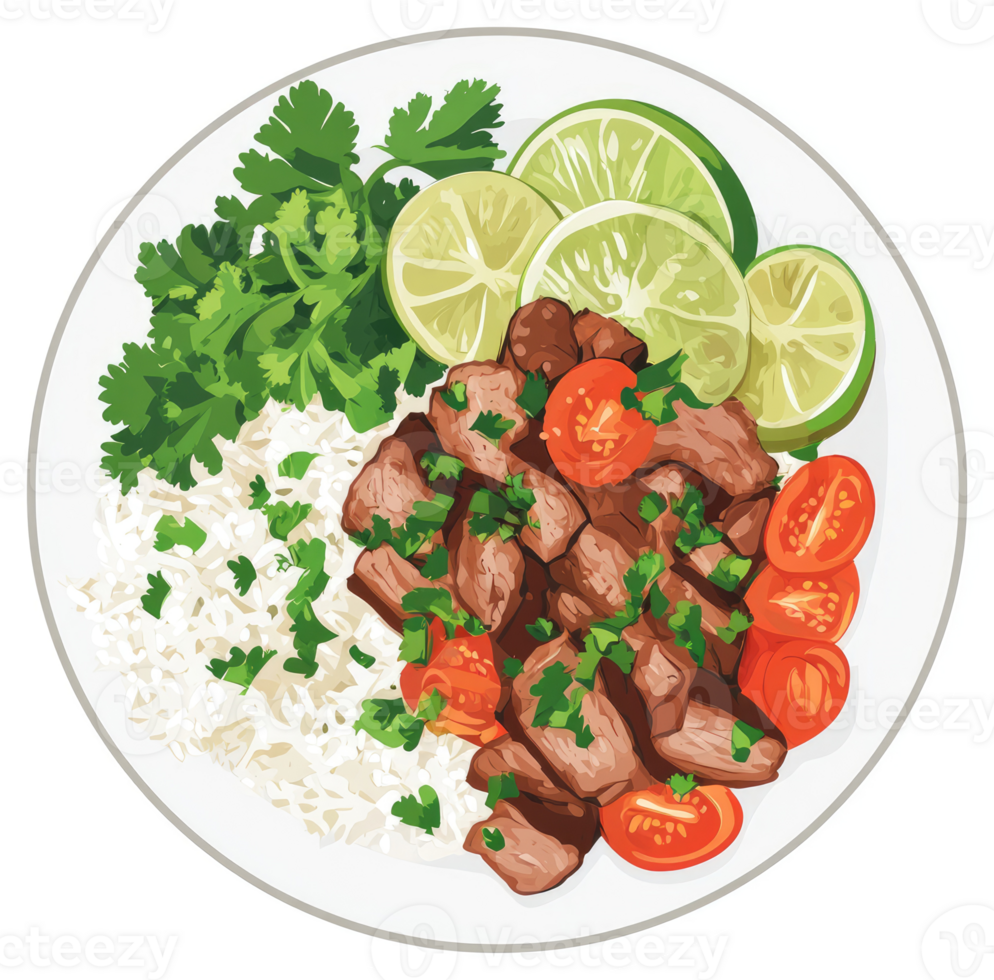 A plate of flavorful rice, seasoned beef, fresh cilantro, and lime wedges. png
