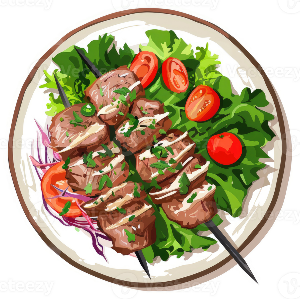 A plate of flavorful grilled skewers with fresh vegetables. png