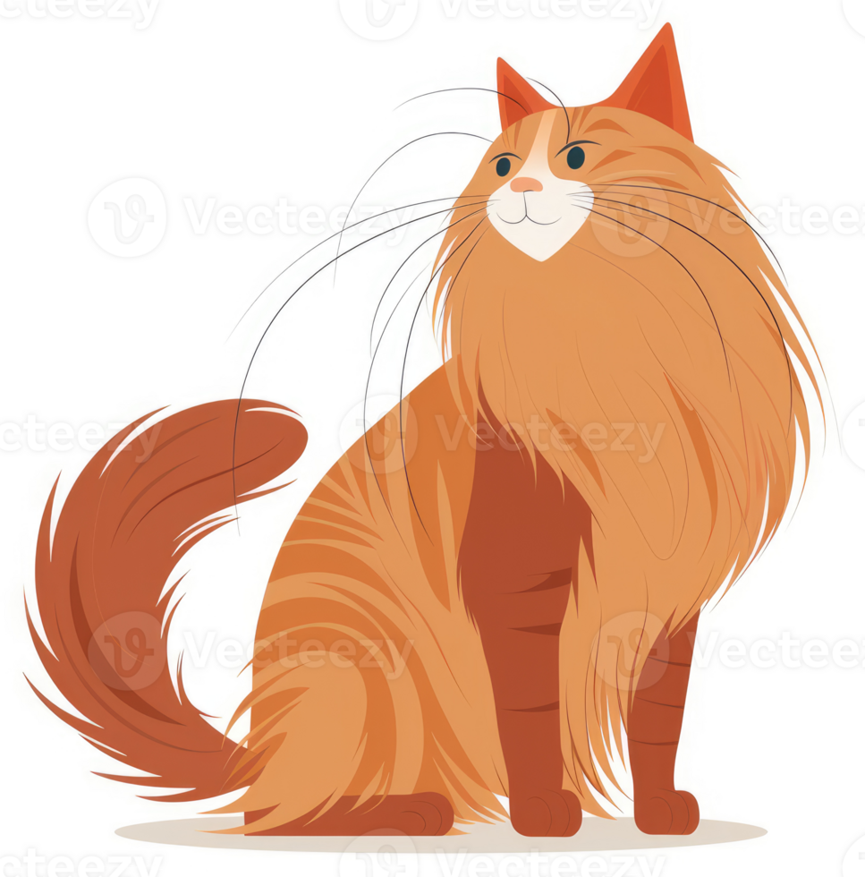 A fluffy orange cat with a long tail sits attentively. png