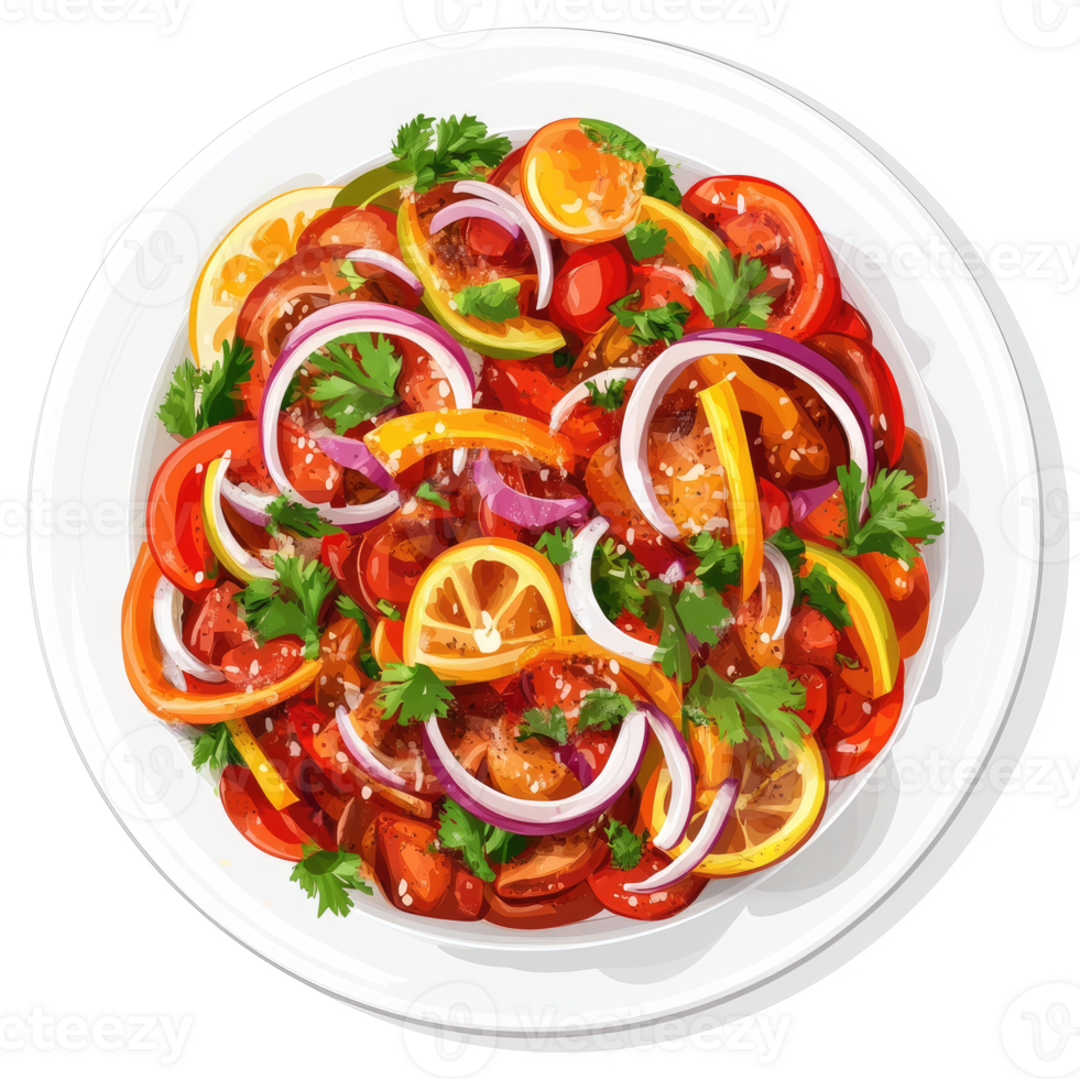 A vibrant and colorful vegetable salad with tomatoes, onions, peppers, and citrus fruits. png