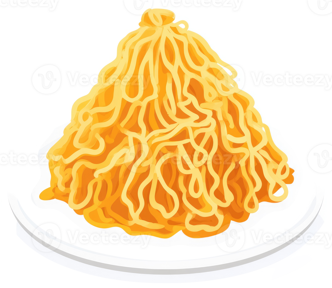 A heap of golden noodles on a white plate. png