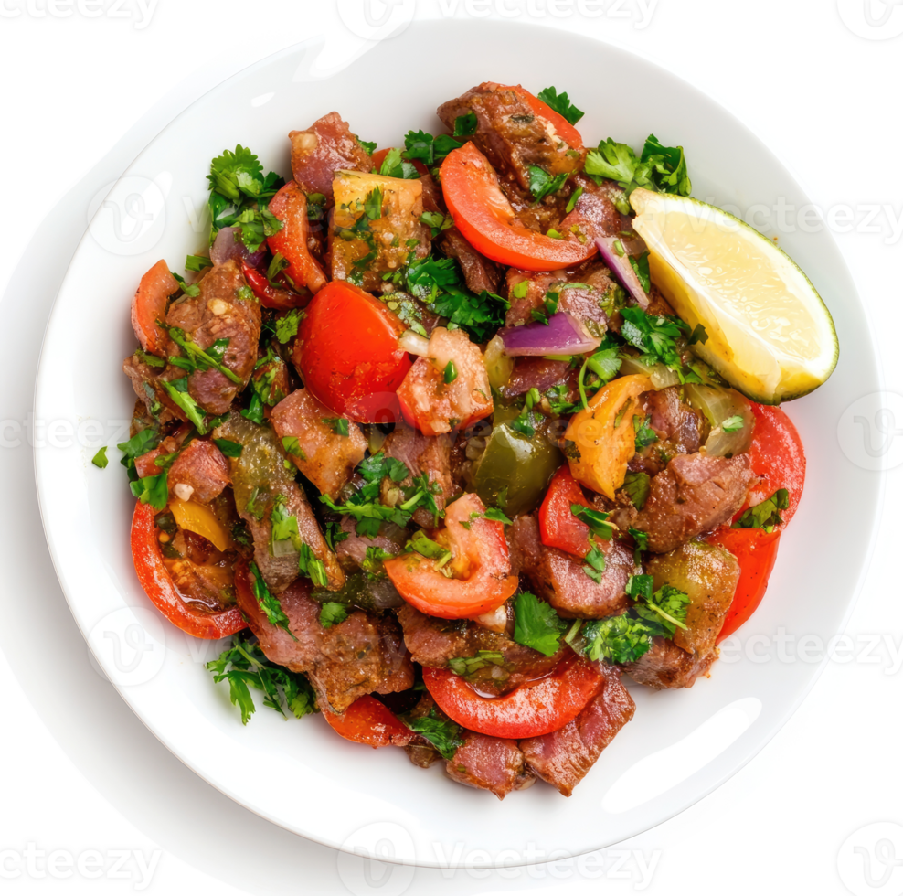 A vibrant dish of seasoned meat and vegetables with a side of lime. png