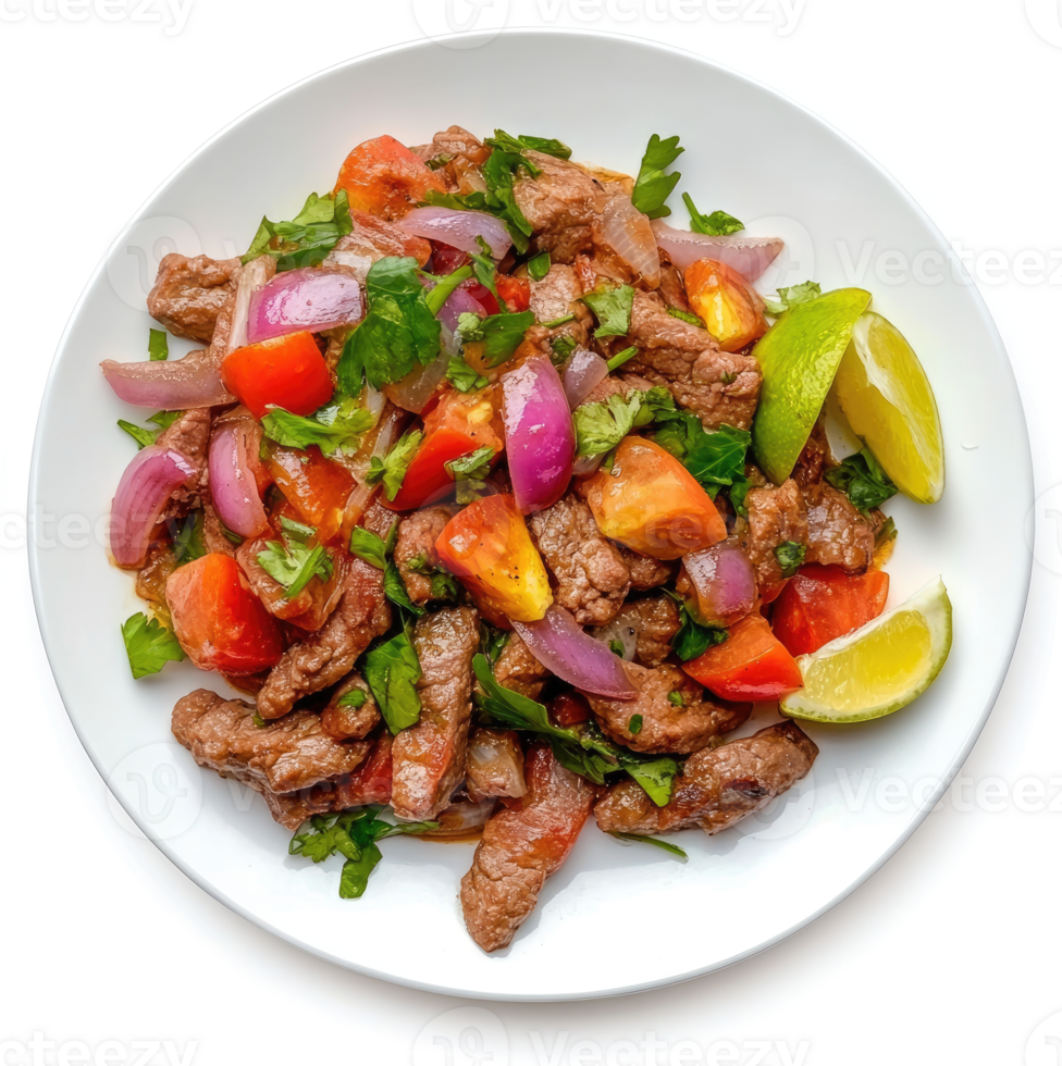 A plate of savory beef stir-fry with onions, tomatoes, and fresh herbs. png