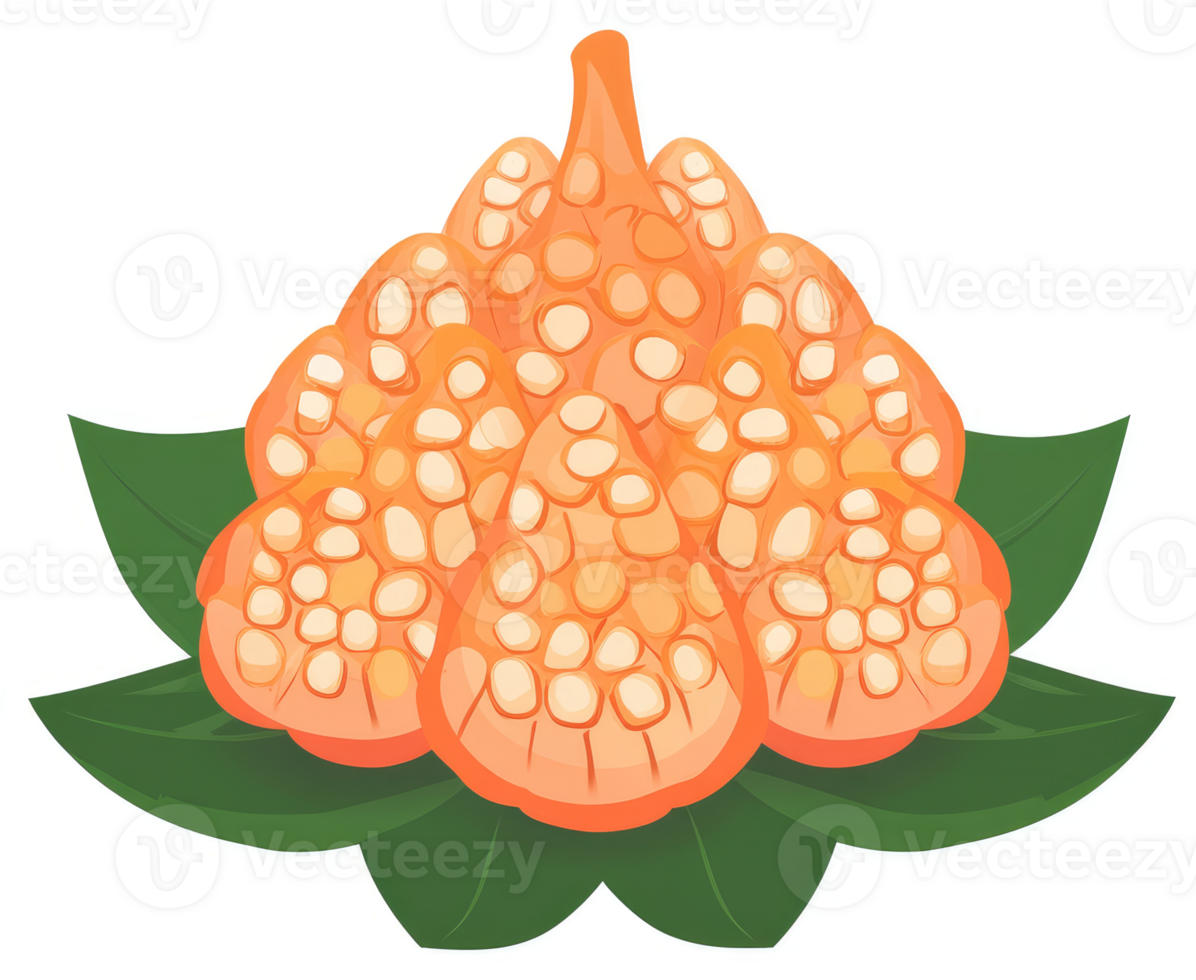 A cluster of sliced orange fruit with textured surfaces on green leaves. png