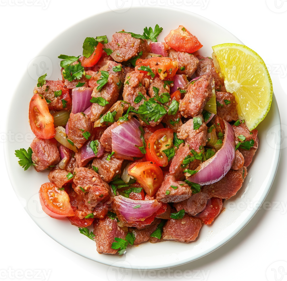 A vibrant dish of seasoned diced lamb with onions, tomatoes, and herbs. png