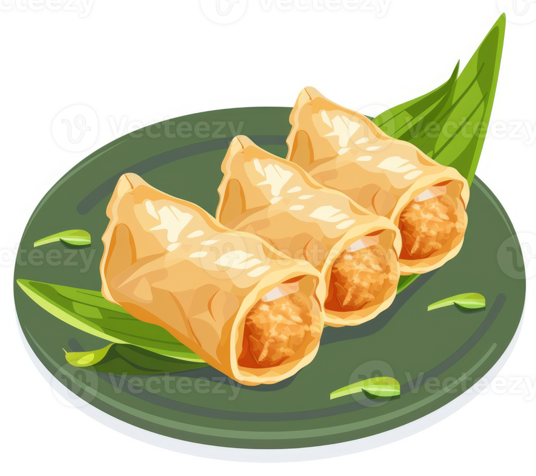 Three golden fried spring rolls on a dark green plate. png
