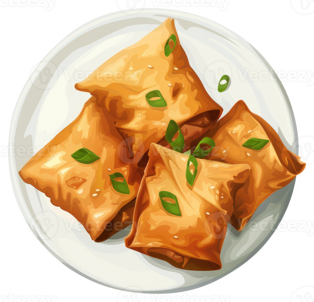 Crispy, golden-brown spring rolls on a plate. png