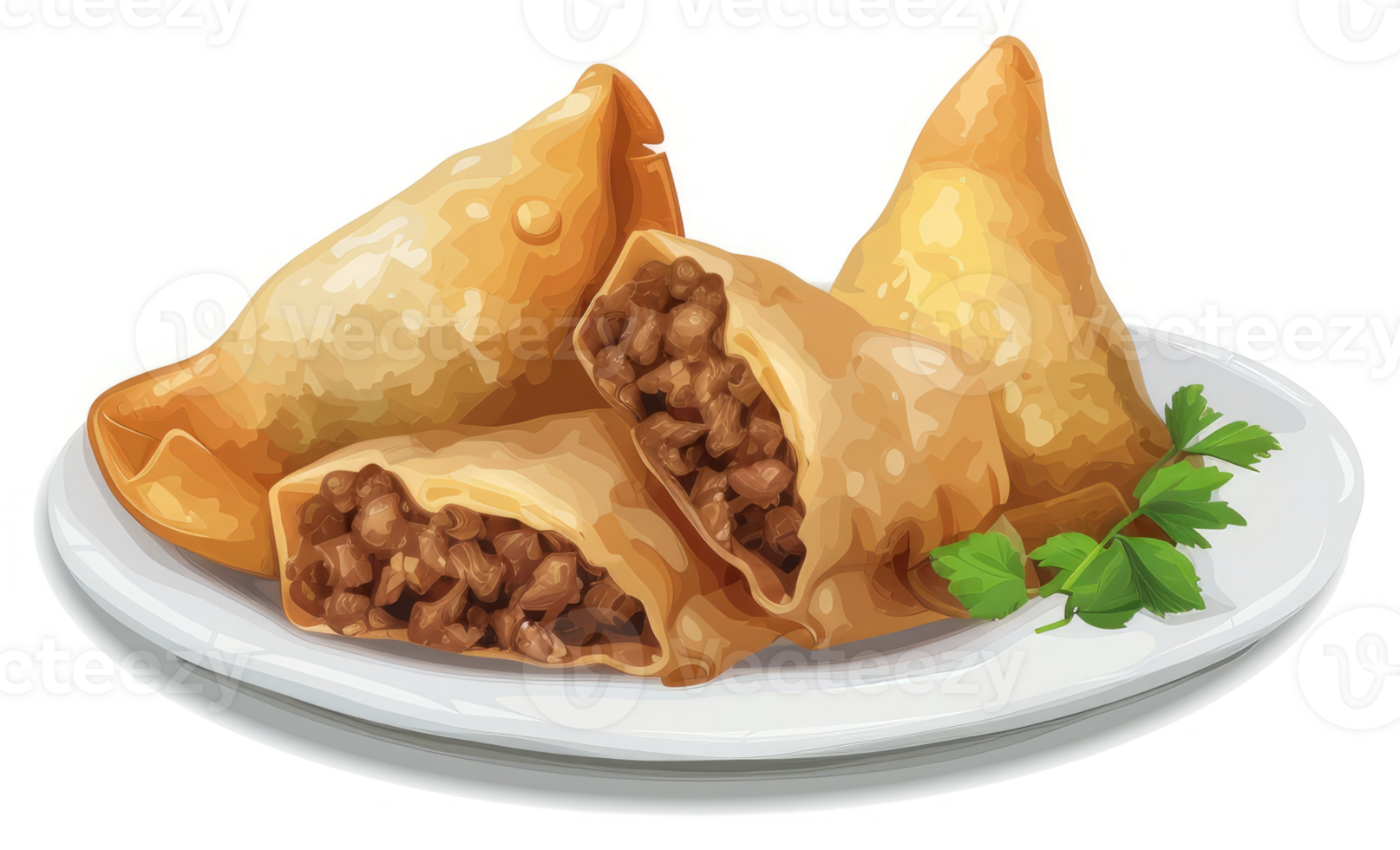 Crispy savory pastries filled with spiced meat on a plate. png