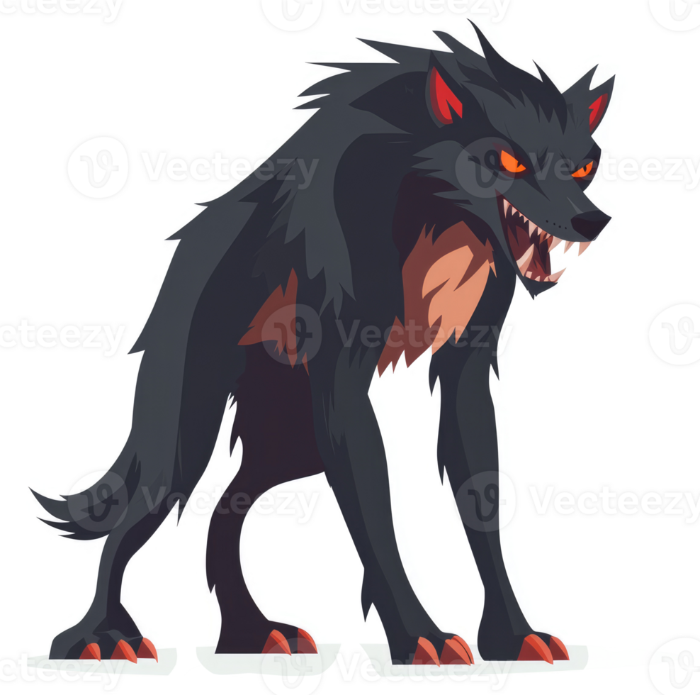 A menacing black wolf with glowing red eyes. png