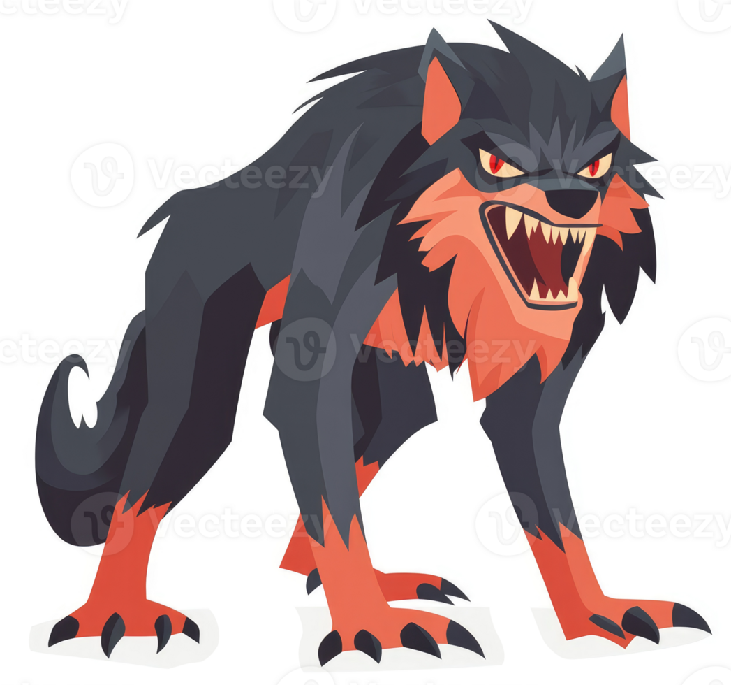 A ferocious cartoon illustration of a snarling werewolf. png