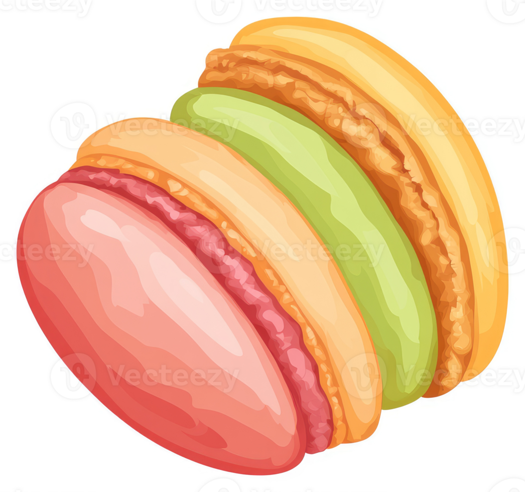A colorful layered macaron with pastel pink, yellow, and green filling. png