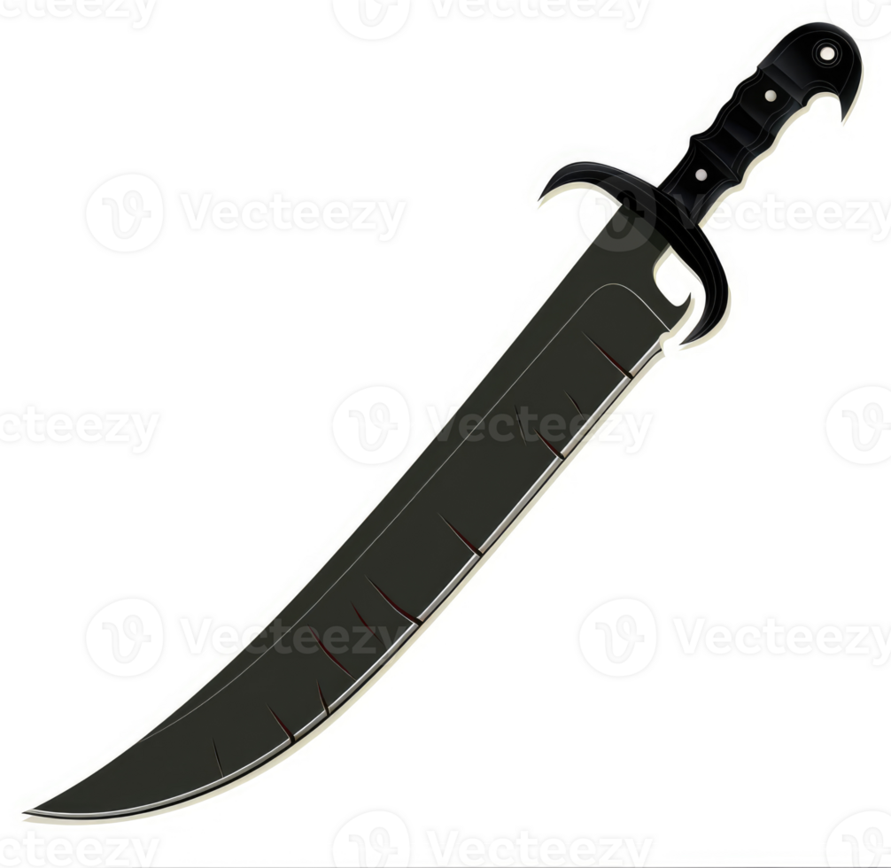 A detailed illustration of a dark gray and black, serrated blade. png