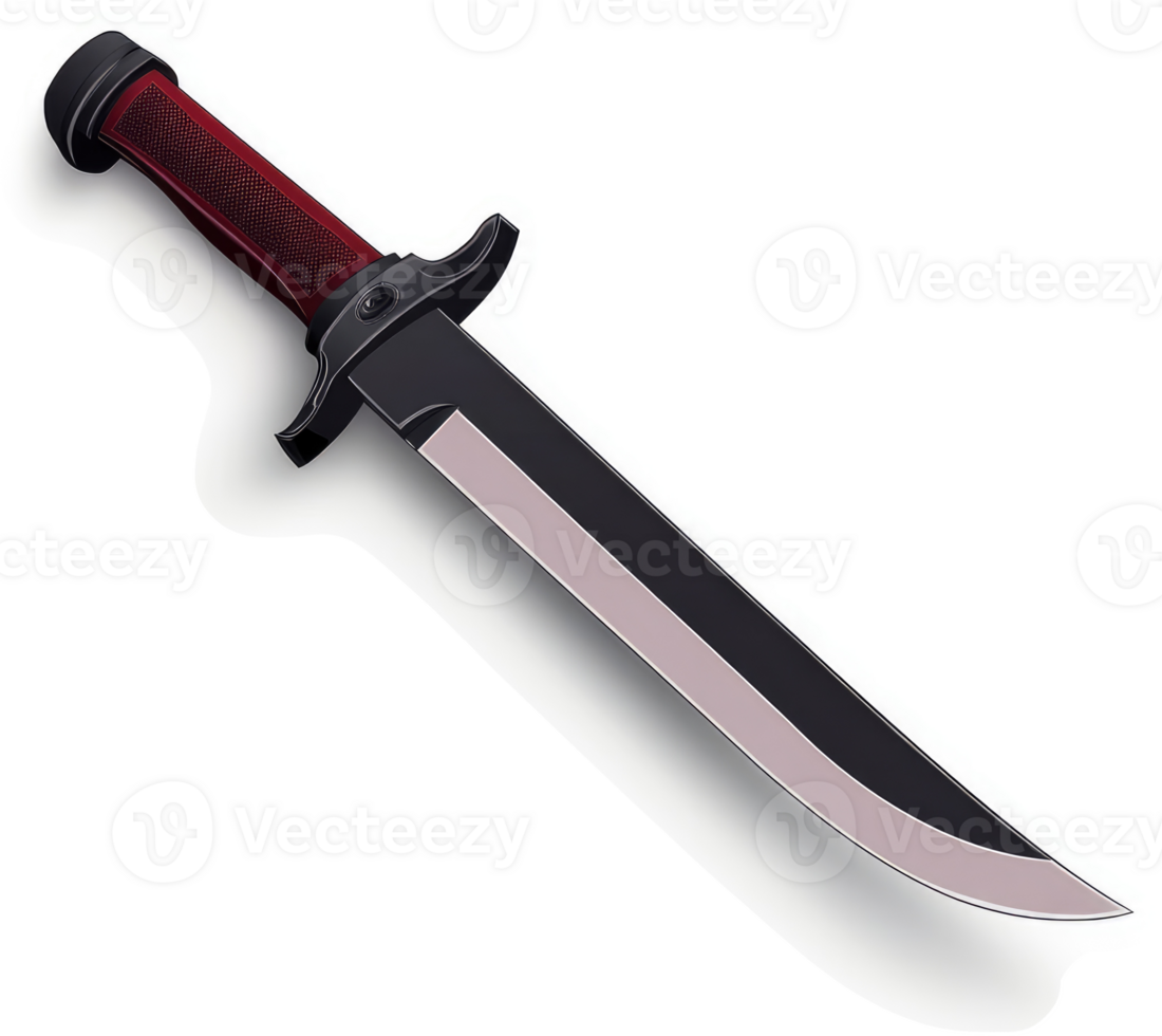A depiction of a long, black tactical knife with a reddish-maroon handle. png