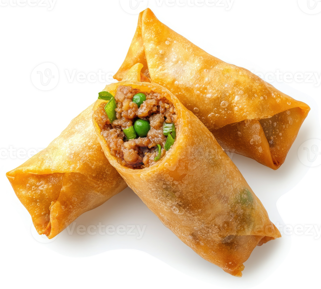 Crispy spring rolls filled with savory minced meat and peas. png