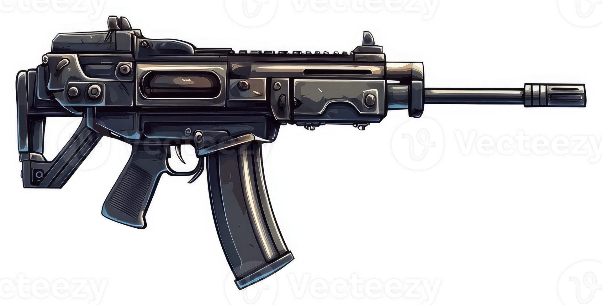 A side profile view of a stylized assault rifle. png