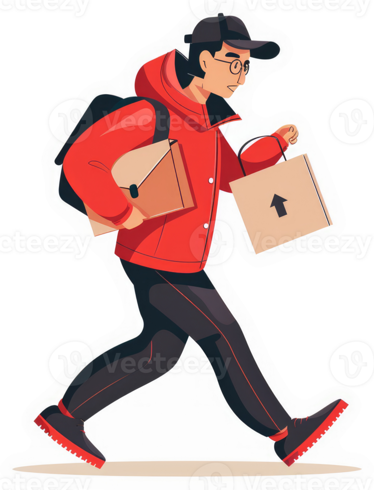 A fast food delivery person in a red jacket, carrying packages. png