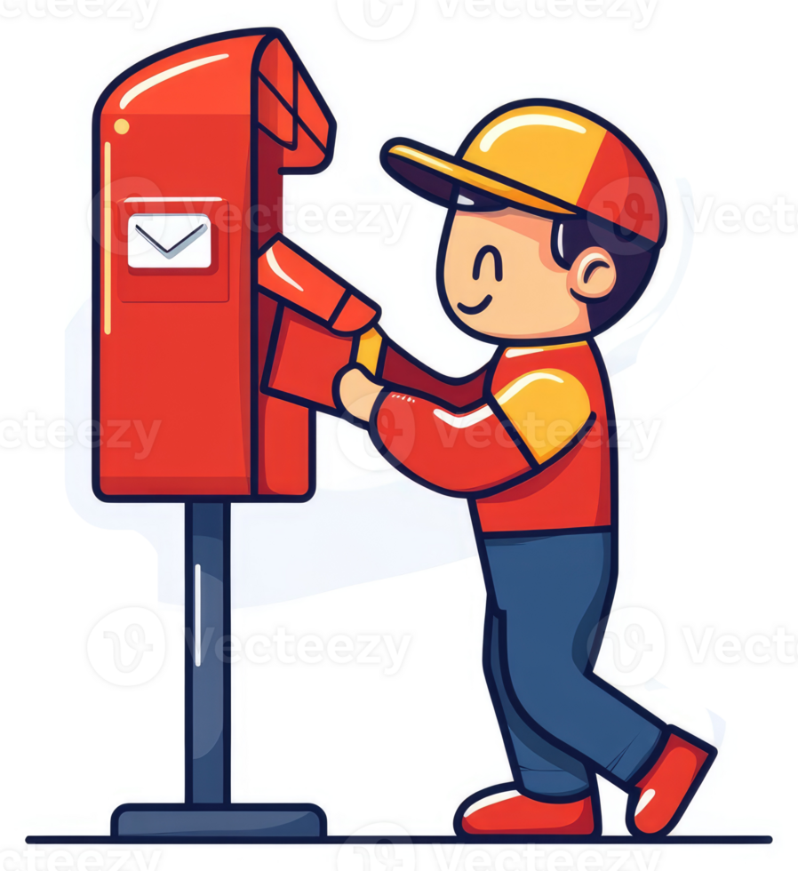 A friendly delivery person placing a letter in a red mailbox. png