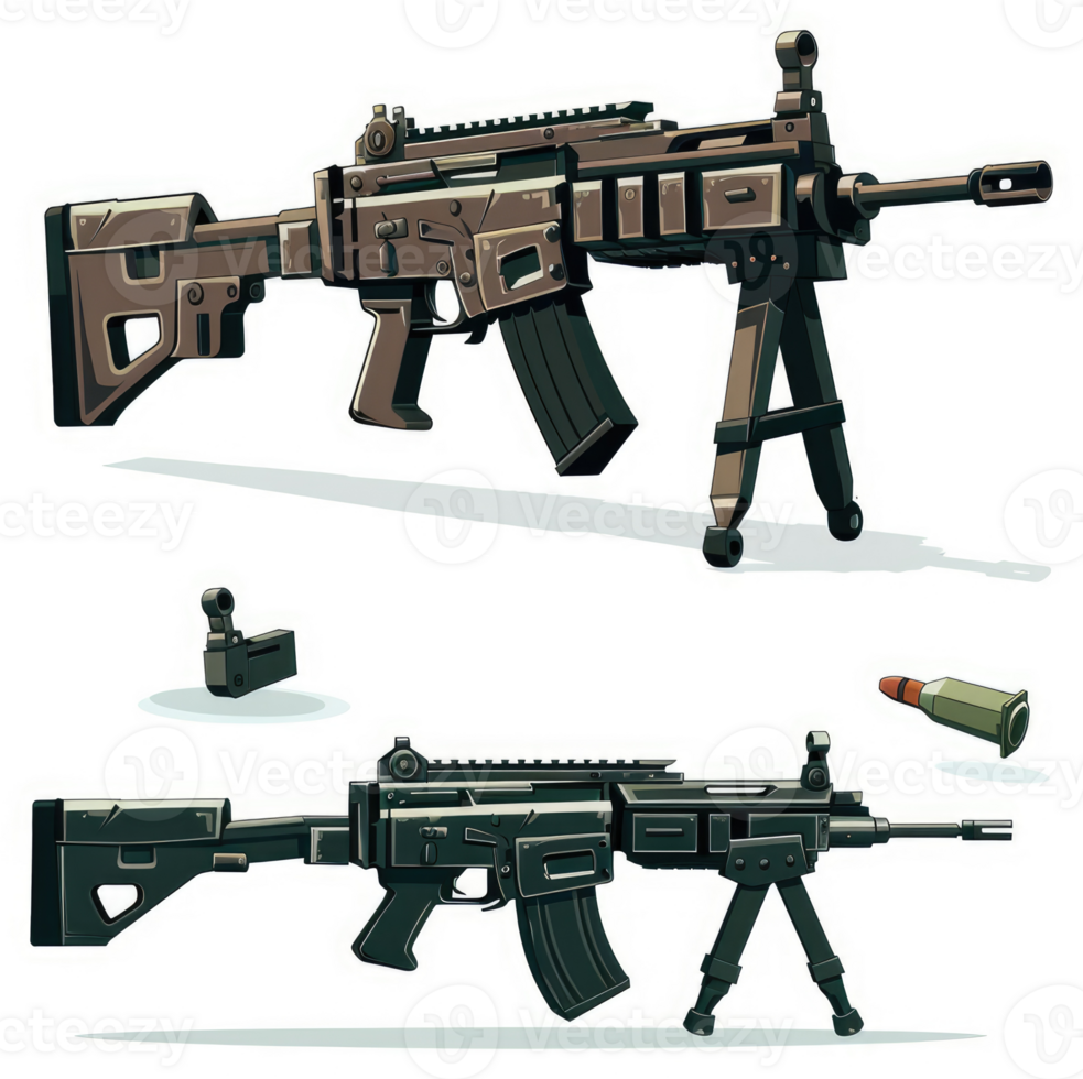 Illustration of a stylized assault rifle with bipod. png
