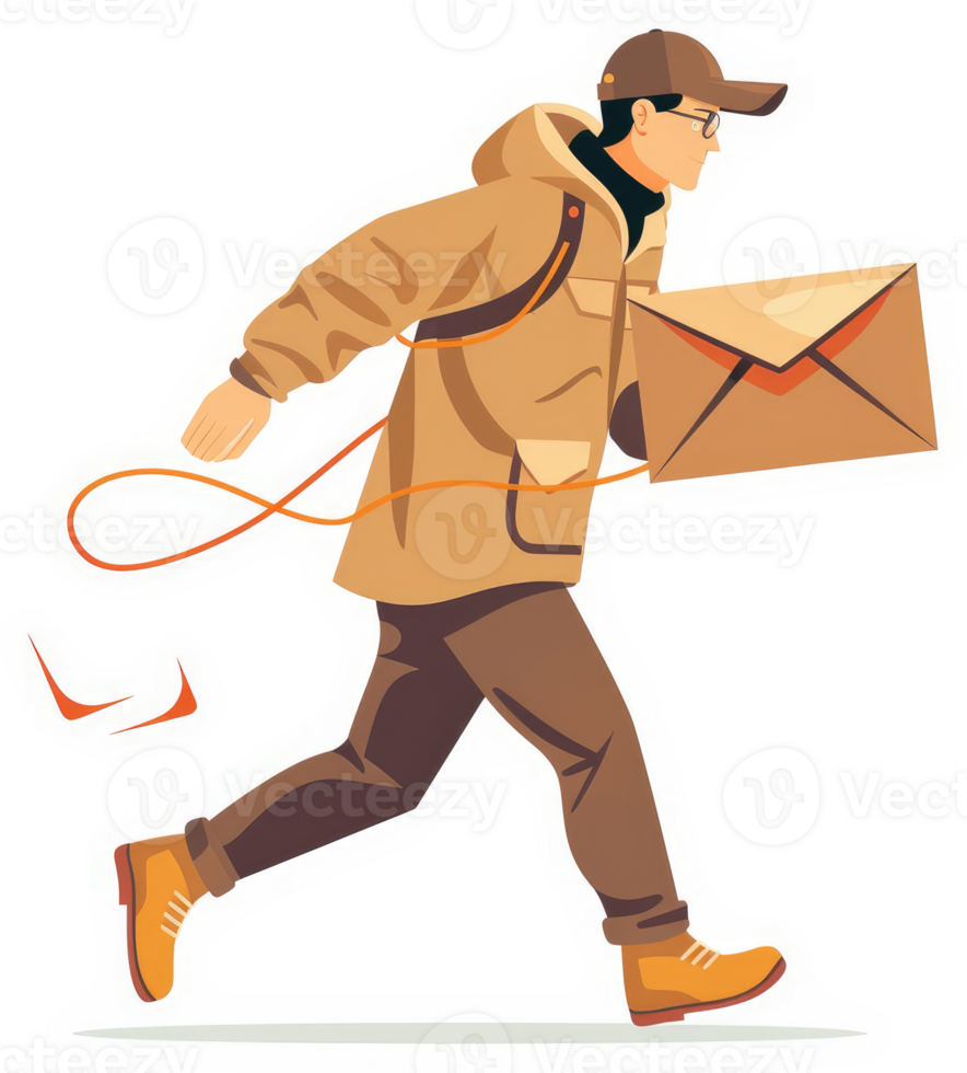 A delivery person in a tan coat running with a package. png