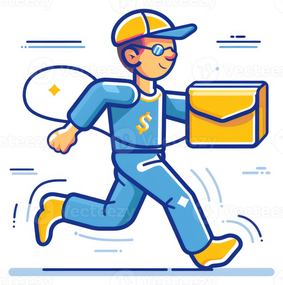 A cartoon delivery person running with a package, symbolizing fast and efficient service. png
