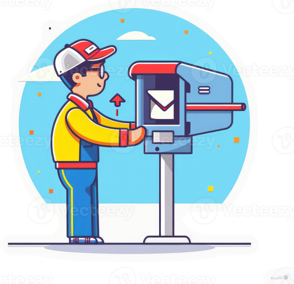 A mail carrier placing mail into a modern, stylized mailbox. png
