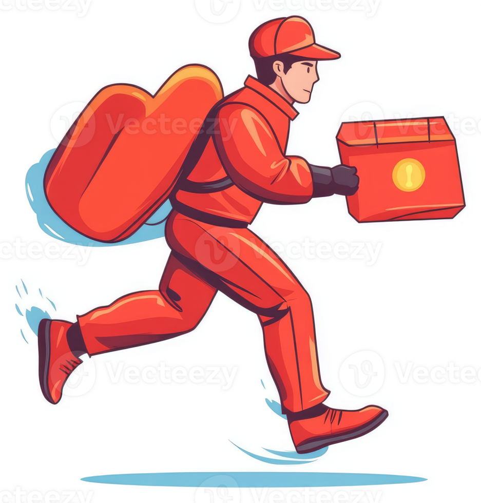A fast, red-suited delivery person carries a package. png