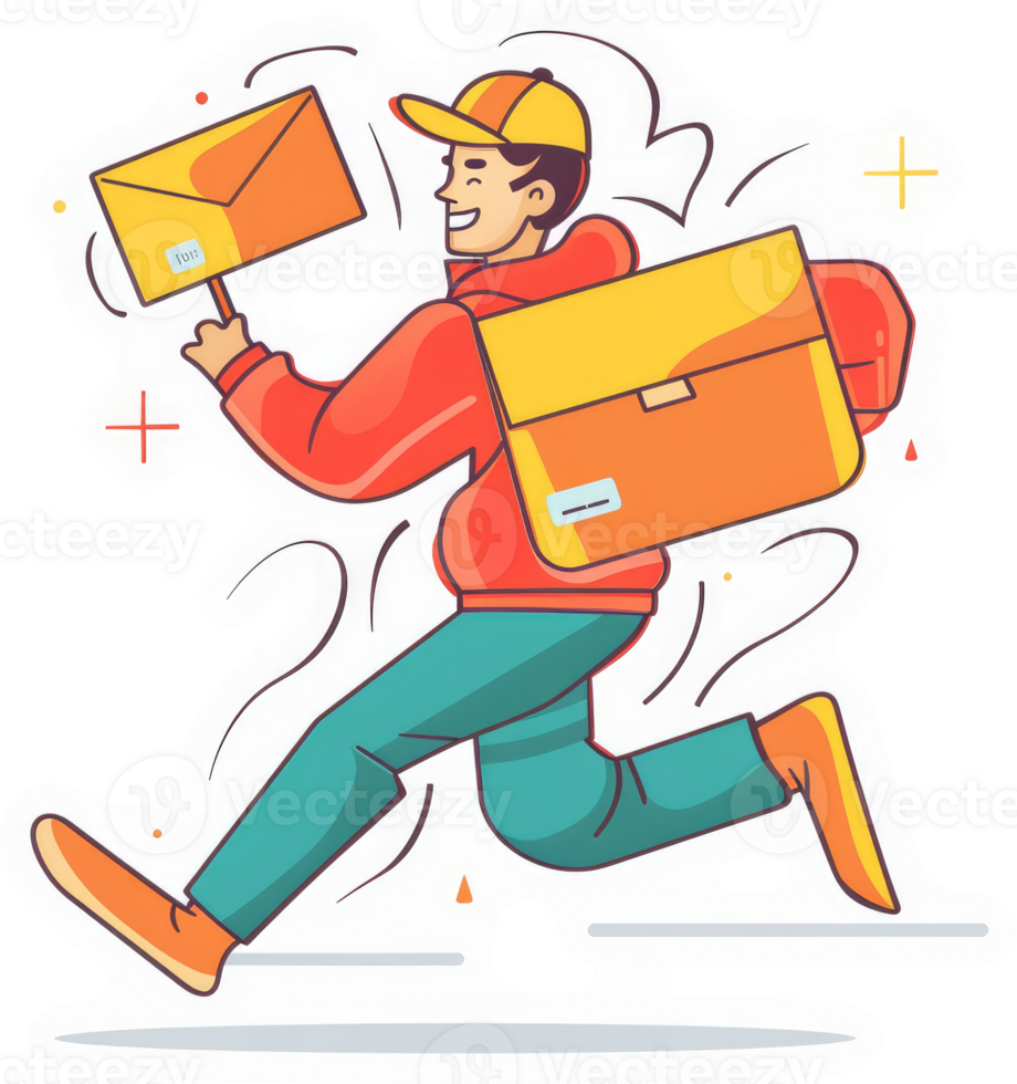 A cheerful delivery person carrying a package and an envelope. png