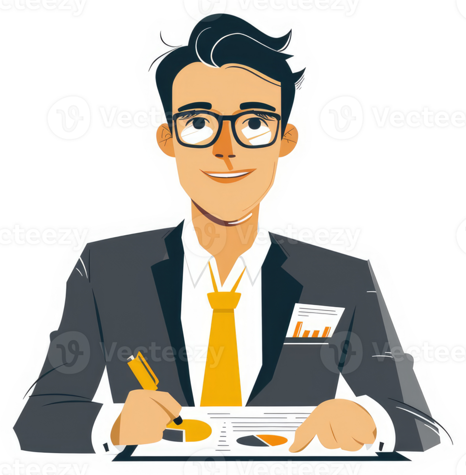 A businessman reviewing financial data, analyzing charts and graphs. png