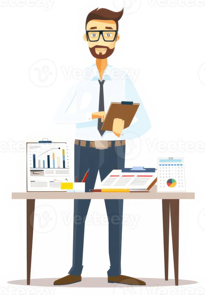 Businessman reviewing reports and data on a desk. png