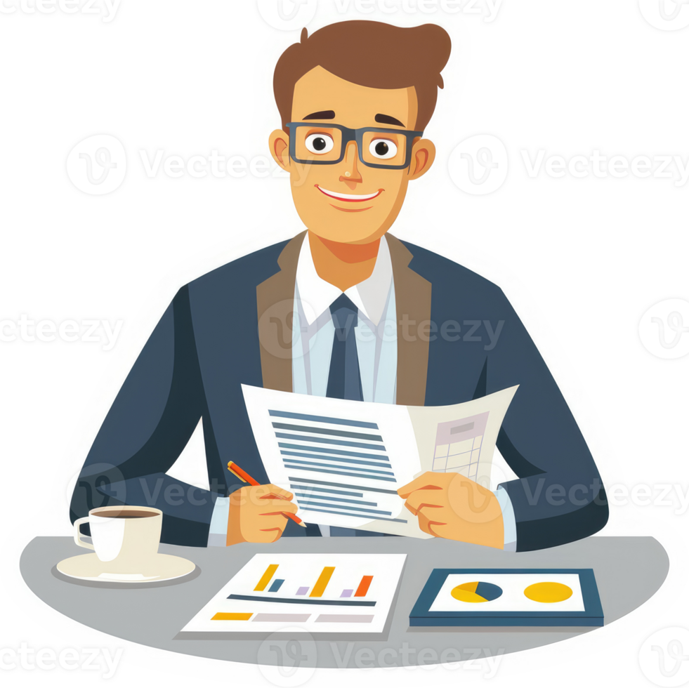 A businessman sits at a desk reviewing documents and financial reports. png