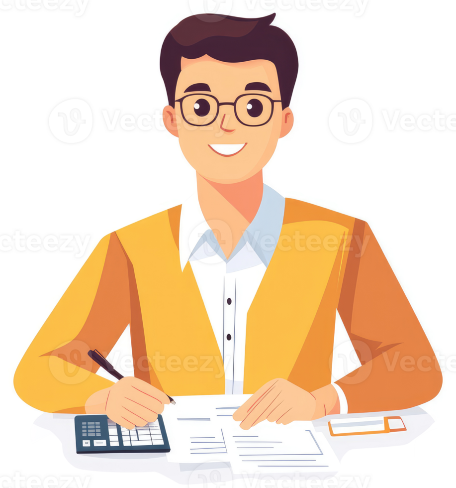 A man in a yellow jacket working on documents with a calculator. png