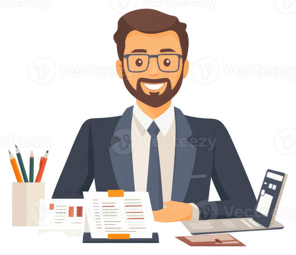A smiling businessman sits at his desk, surrounded by documents and a calculator. png