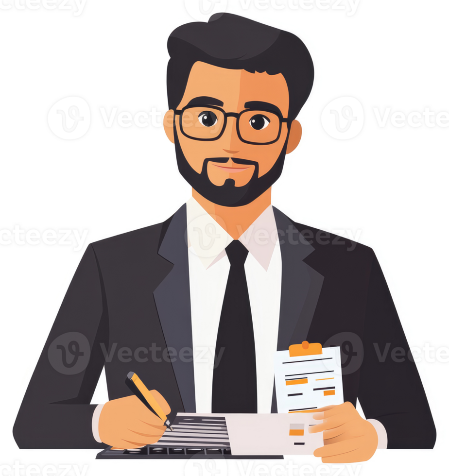 A businessman in a suit, wearing glasses and a beard, is working on documents. png