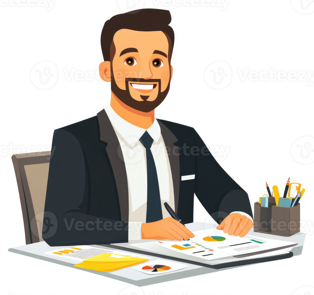 A businessman reviewing financial data at his desk. png