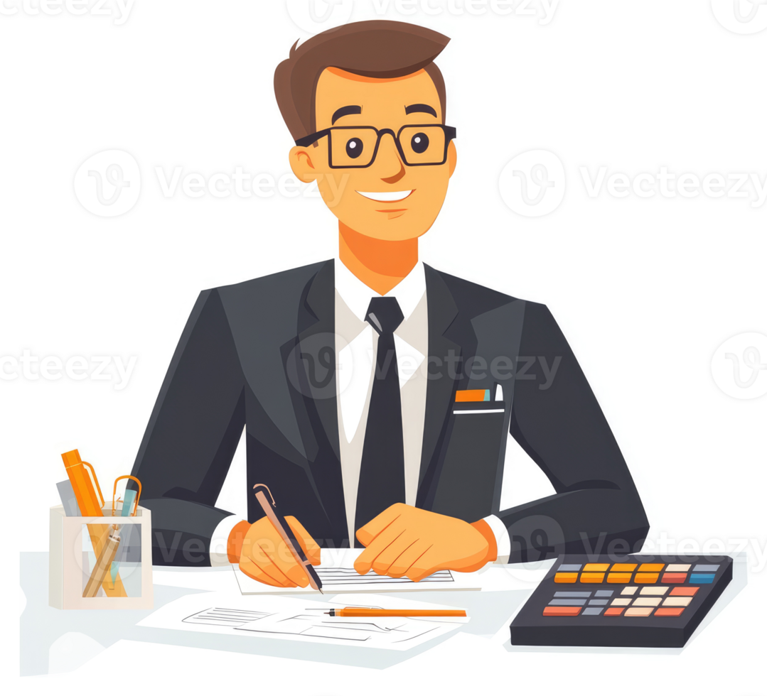 A businessman in a suit, working at a desk with documents and a calculator. png